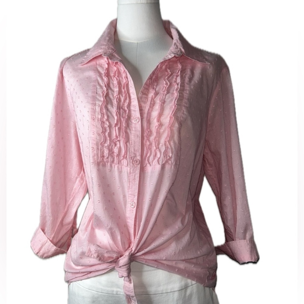 Laura Scott Pink Ruffle Front Button-Down Shirt
